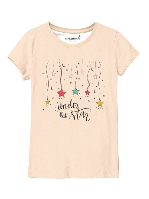 

mezmoda Girls Peach-Coloured Printed Raw Edge T-shirt