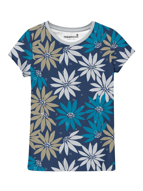 

mezmoda Girls Blue Floral Printed V-Neck Tropical Pockets T-shirt