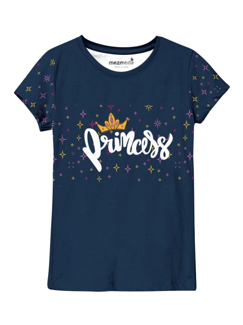 

mezmoda Girls Navy Blue Printed Extended Sleeves T-shirt