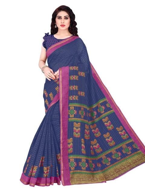 

KALINI Navy Blue & Magenta Floral Printed Zari Designer Saree
