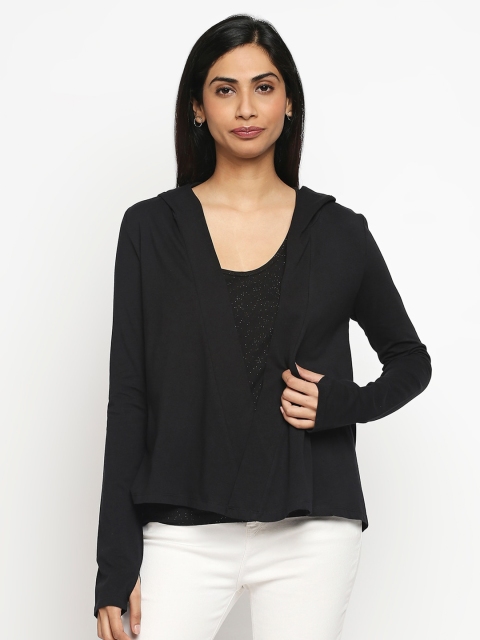 

effy Women Black Cotton Hooded Shrug