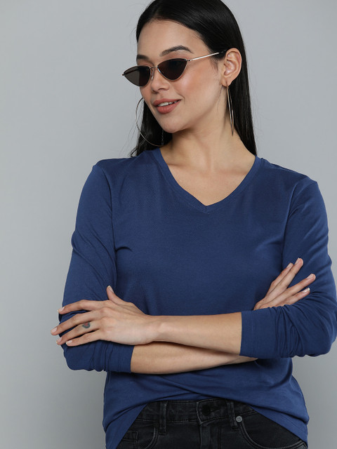 

HERE&NOW Women Blue Solid V-Neck Pure Cotton T-shirt