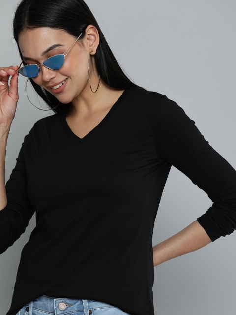 

HERE&NOW Women Black Solid V-Neck Pure Cotton T-shirt