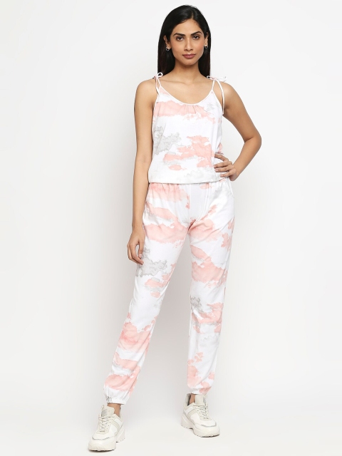 

effy White & Pink Organic Cotton Printed Basic Jumpsuit