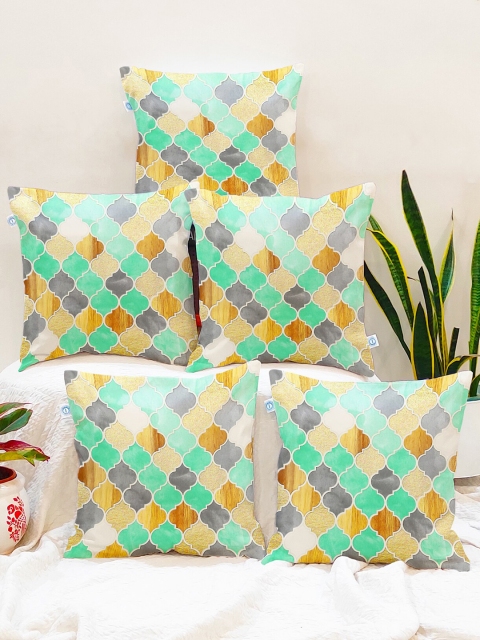 

STITCHNEST Pack Of 5 Green Ethnic MotifsPrinted Square Cushion Covers