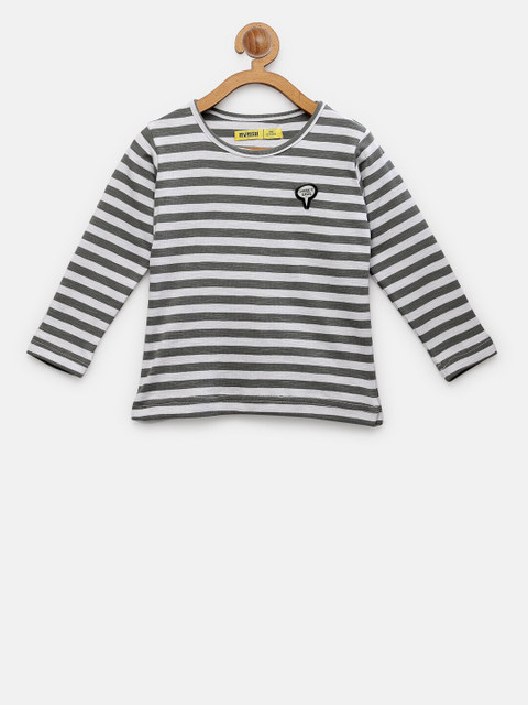 

NYNSH Girls White & Grey Striped Round Neck T-shirt