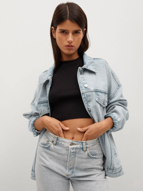 

MANGO Women Blue Solid Longline Denim Jacket