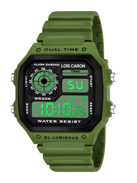 

LOIS CARON Unisex Black Dial & Green Bracelet Style Straps Digital Watch MLC-1014