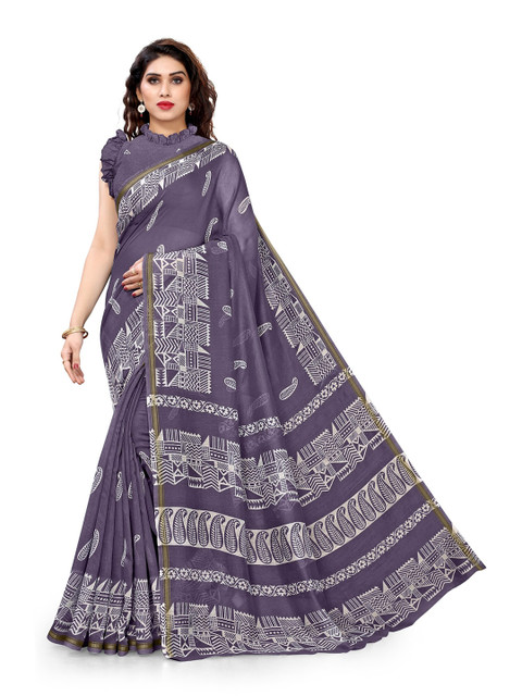 

KALINI Violet & White Ethnic Motifs Printed Poly Chiffon Saree