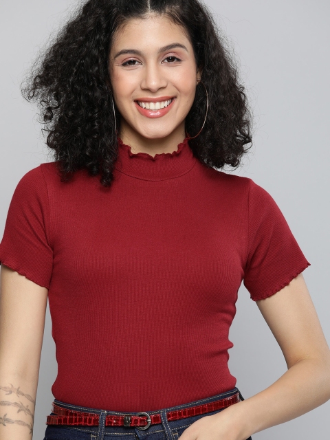 

HERE&NOW Women Red Solid Ribbed Regular Top