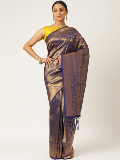 

KARAGIRI Blue & Gold-Coloured Floral Zari Silk Blend Kanjeevaram Saree
