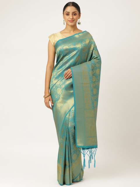 

KARAGIRI Blue & Gold-Toned Floral Silk Blend Kanjeevaram Saree