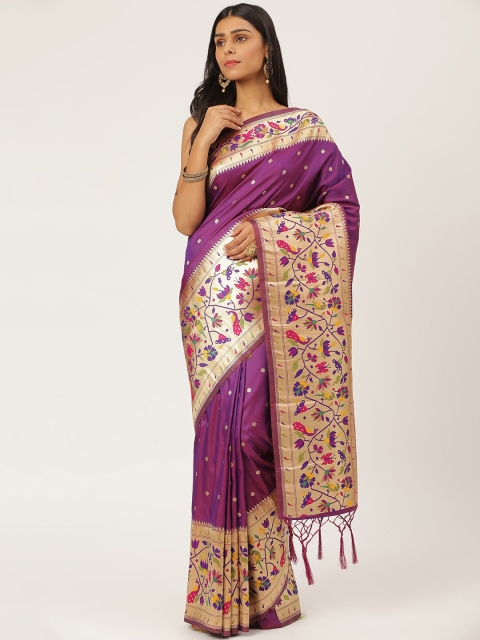 

KARAGIRI Purple & Gold-Coloured Ethnic Motifs Zari Silk Blend Paithani Saree