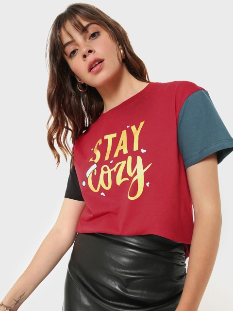 

Bewakoof Women Red & Grey Colourblocked T-shirt