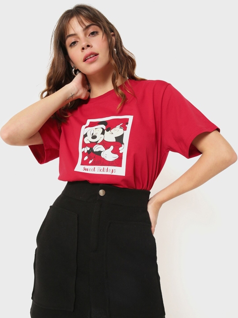 

Bewakoof Women Red Printed Extended Sleeves Loose T-shirt