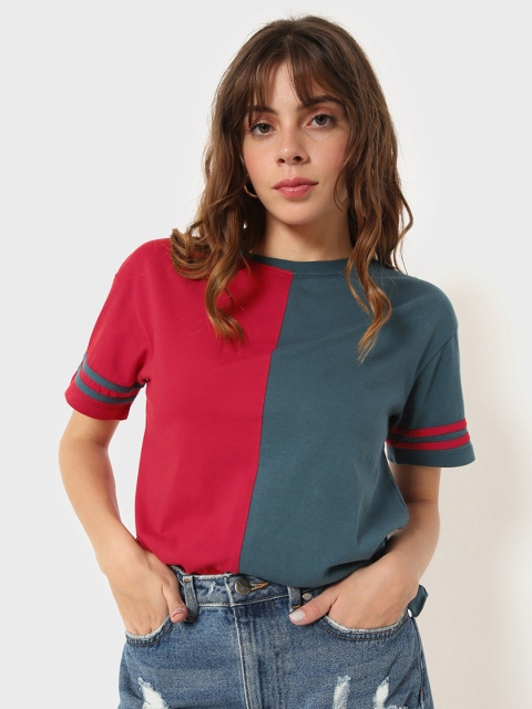 

Bewakoof Women Red & Green Colourblocked Drop-Shoulder Sleeves T-shirt