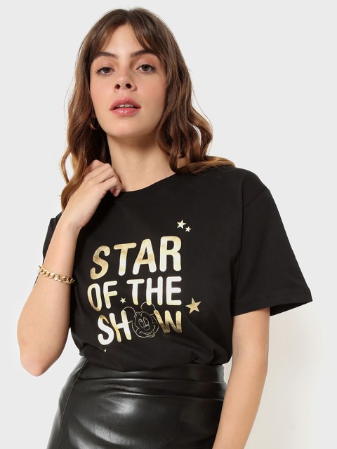 

Bewakoof Women Black Typography Printed Drop-Shoulder Sleeves Loose T-shirt