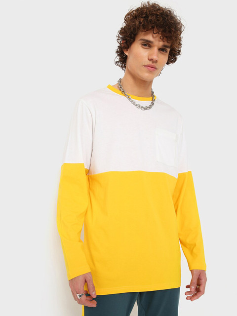 

Bewakoof Men Yellow & White Colourblocked Pure Cotton T-shirt
