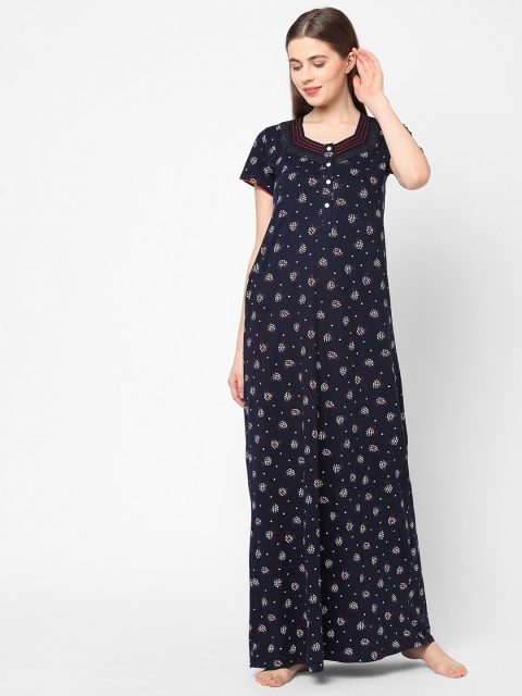 

Sweet Dreams Women Navy Blue Hearts Printed Maxi Nightdress