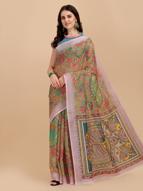 

Mitera Beige & Green Ethnic Motifs Linen Blend Block Print Saree