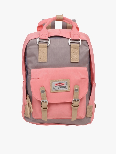 

POKORY Unisex Kids Pink & Grey Colourblocked Backpack