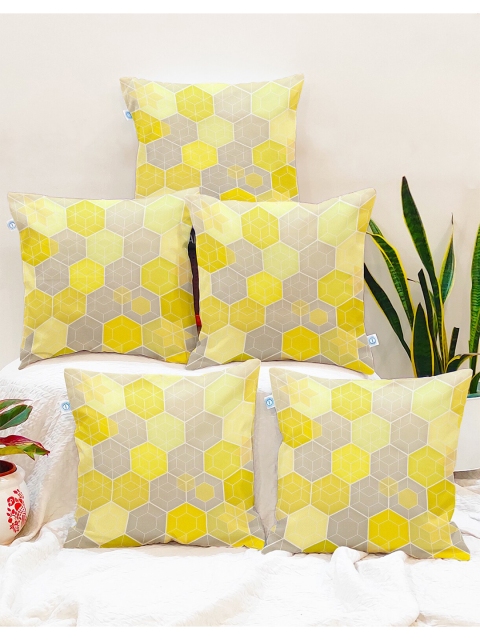 

STITCHNEST Set Of 5 Yellow & Beige Geometric Square Cushion Covers