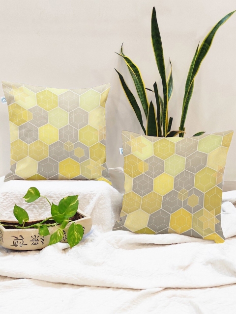 

STITCHNEST Set Of 2 Yellow & Grey Geometric Square Cushion Covers