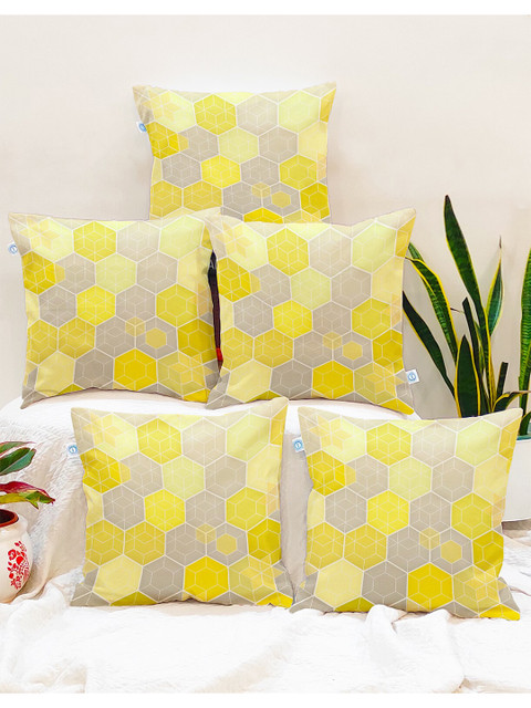 

STITCHNEST Set Of 5 Yellow & Grey Geometric Square Cushion Covers