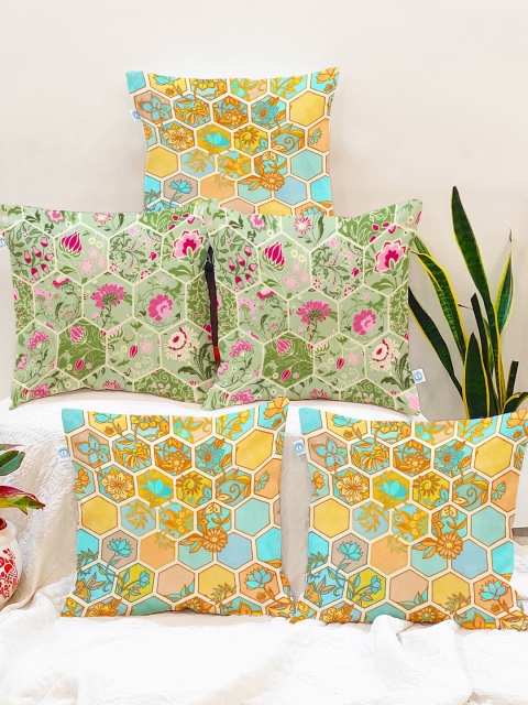 

STITCHNEST Green & Turquoise Blue Set of 5 Geometric Square Cushion Covers