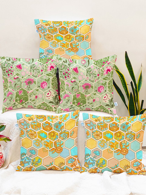 

STITCHNEST Green & Yellow Set of 5 Ethnic Motifs Square Cushion Covers