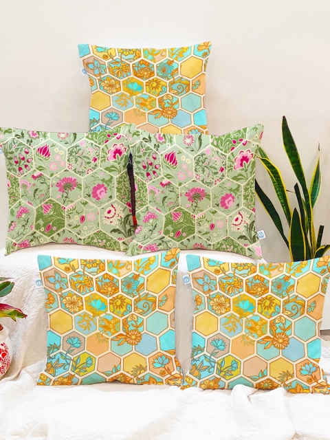

STITCHNEST Pack Of 5 Green Geometric Printed Square Cushion Covers