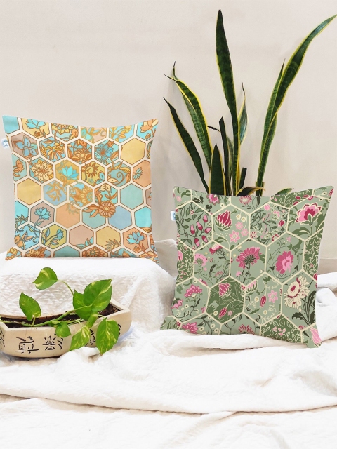 

STITCHNEST Green & Yellow Set of 2 Ethnic Motifs Square Cushion Covers