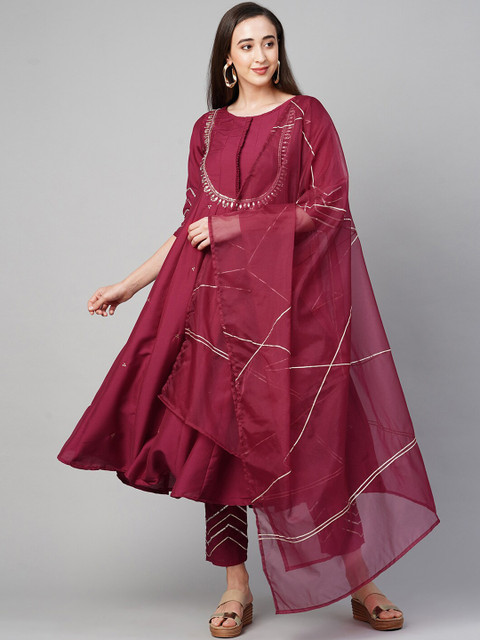 

FASHOR Women Maroon Gotta Patti Kurta with Trousers & With Dupatta