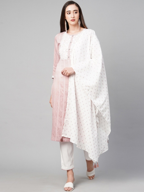 

FASHOR Women Pink & White Striped Thread Work Kurta with Trousers & Dupatta