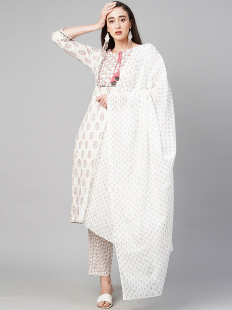 

FASHOR Women Off-White Printed Thread Work Pure Cotton Kurta with Trousers & Dupatta
