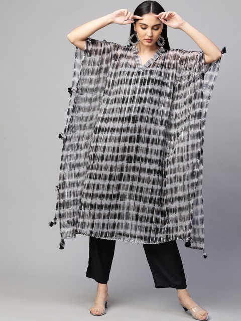

FASHOR Women Grey Mirror Work Kaftan Kurta with Trousers