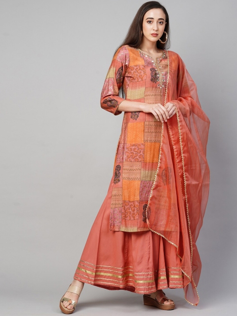 

FASHOR Women Peach-Coloured & Coral Floral Embroidered Kurta With Sharara & Dupatta