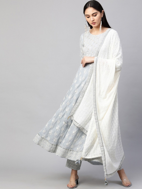 

FASHOR Women Grey & White Embroidered Chikankari Kurta with Trousers & Dupatta