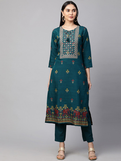 

FASHOR Women Green Ethnic Motifs Printed Kurta with Trousers