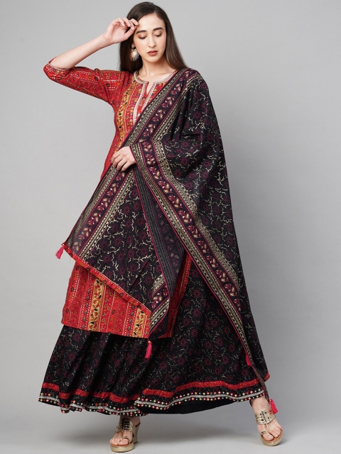 

FASHOR Women Pink & Black Floral Printed Kurta with Palazzo & Dupatta