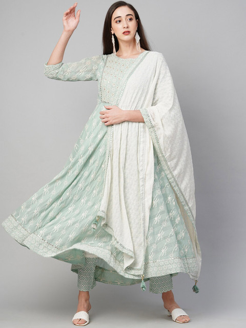 

FASHOR Women Green & Cream-Coloured Floral Embroidered Kurta With Trousers & Dupatta