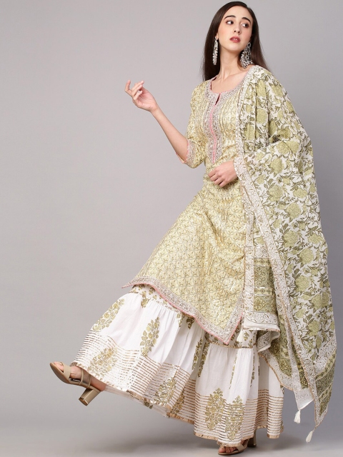 

FASHOR Women Green Floral Embroidered Gotta Patti Pure Cotton Kurta with Sharara & With Dupatta