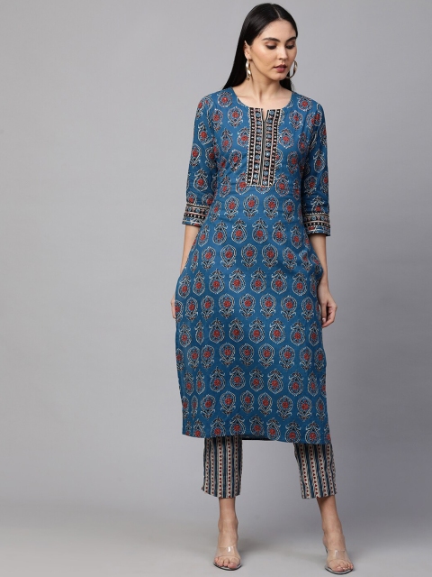 

FASHOR Women Blue & Red Floral Printed Pure Cotton Kurta With Salwar