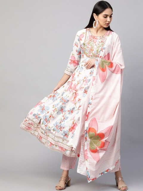 

FASHOR Women White & Pink Floral Printed Panelled Kurta with Trousers & Dupatta