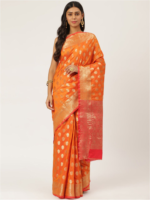 

KARAGIRI Orange & Gold-Toned Woven Design Zari Silk Blend Banarasi Saree