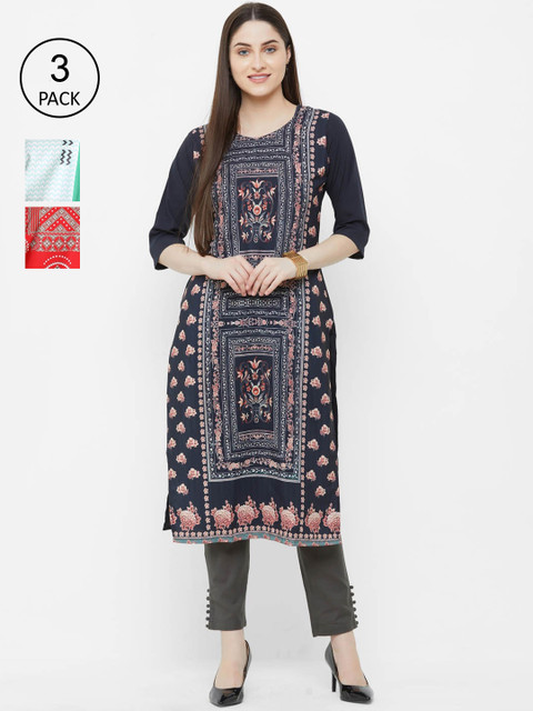 

Ethnic basket Women Multicoloured Printed Keyhole Neck Flared Sleeves Block Print Crepe Kurta, Multi