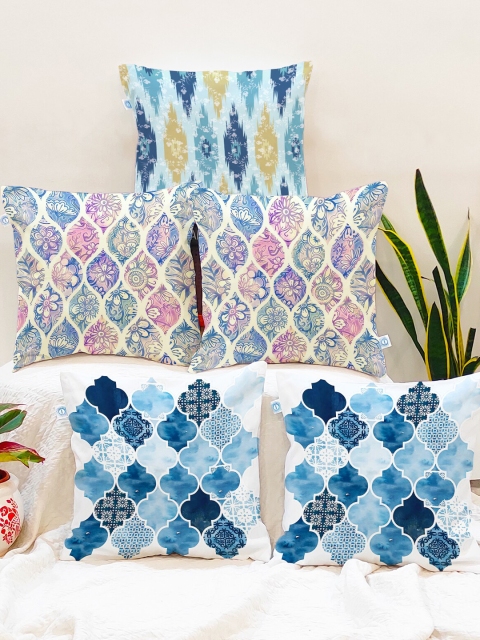 

STITCHNEST Blue & Pink Set of 5 Ethnic Motifs Square Cushion Covers