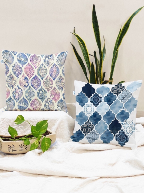 

STITCHNEST Blue & Pink Set of 2 Ethnic Motifs Square Cushion Covers