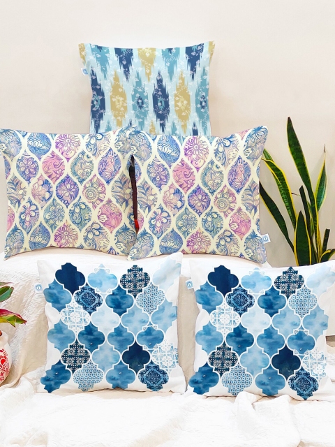 

STITCHNEST Blue & Pink Set of 5 Ethnic Motifs Square Cushion Covers