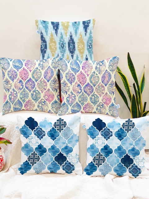 

STITCHNEST Blue & Beige Set of 5 Geometric Square Cushion Covers